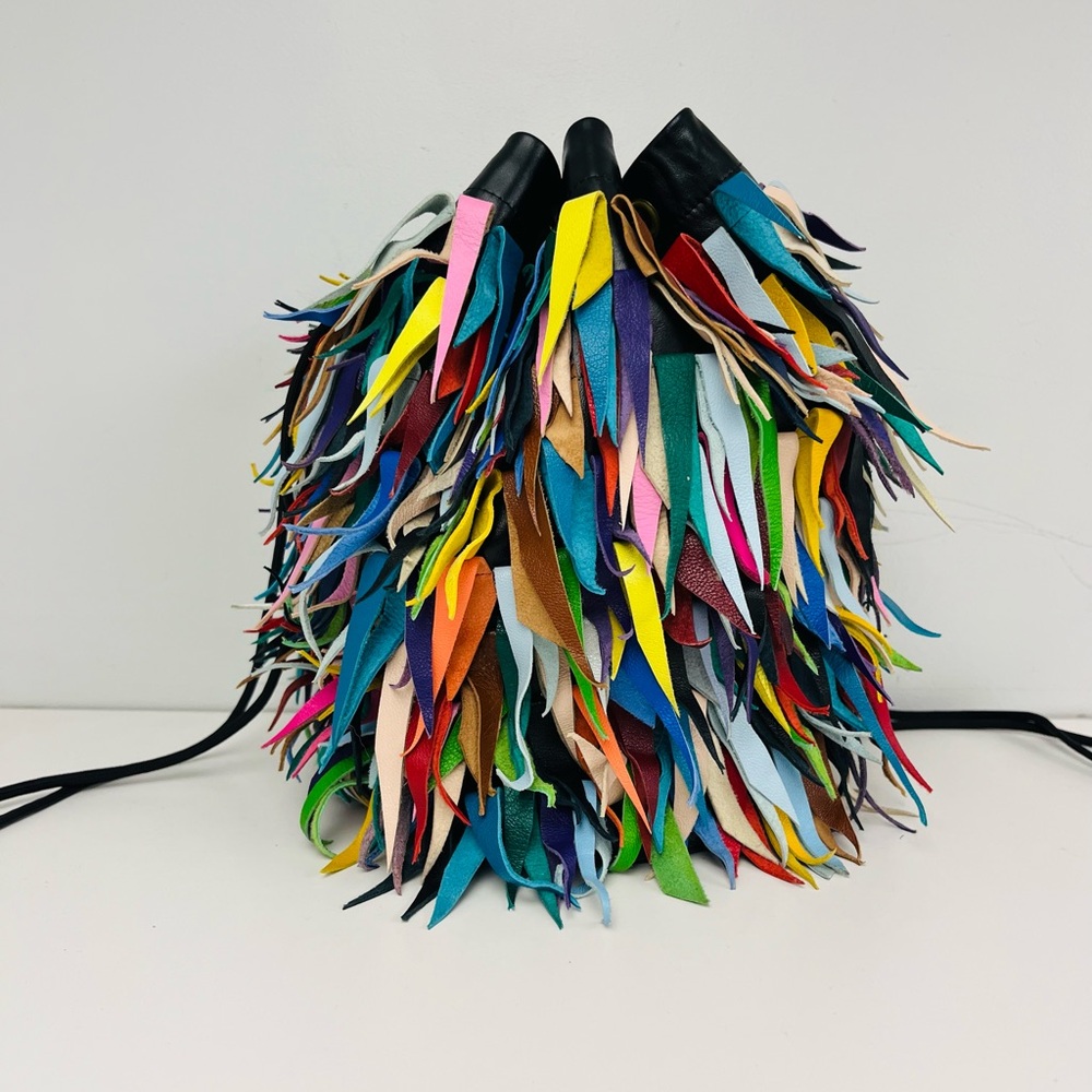 ❌SOLD❌Colorful Drawstring Leather Feathers Shoulder Bag by Kathryn Laibson